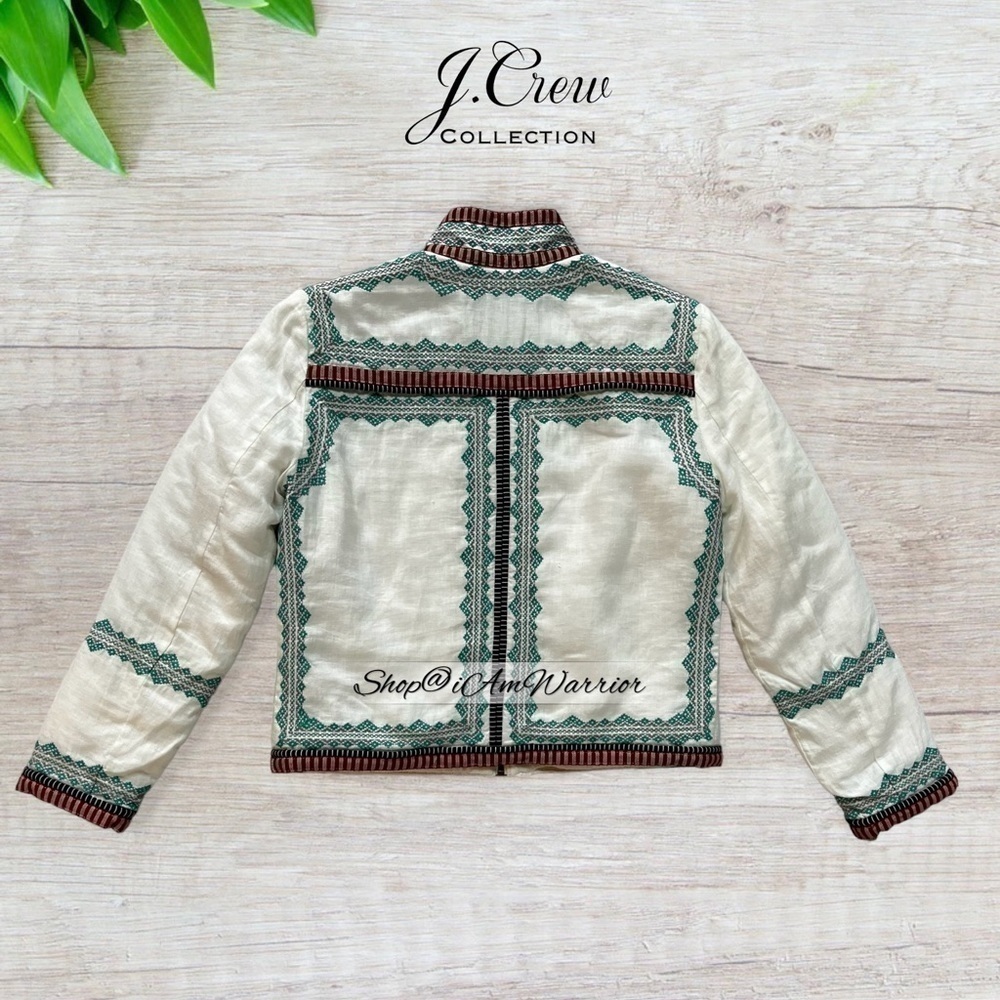 J.Crew Collection NWT Embroidered Boho Ribbon Trim Zip Front Ivory Linen Jacket - Picture 5 of 11